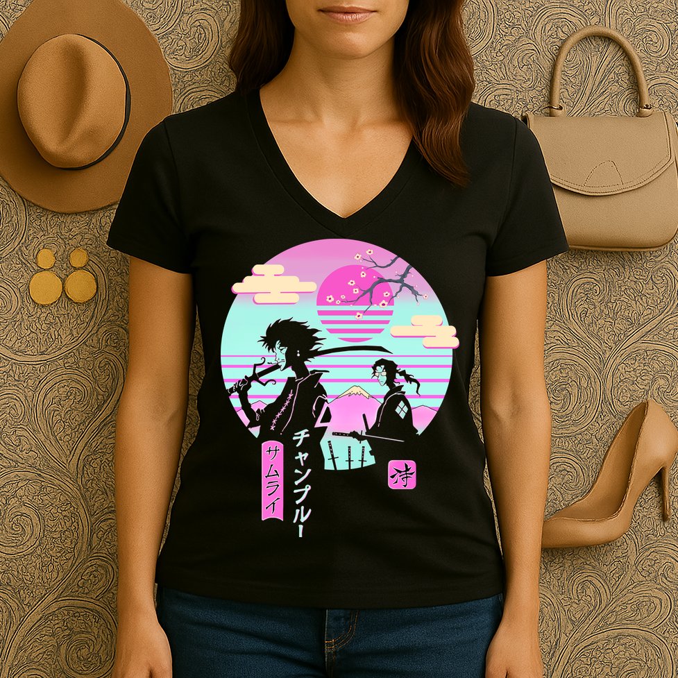 Retro Samurai Chillhop Anime Women's V-Neck T-Shirt