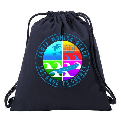 Retro Santa Monica Beach Drawstring Bag