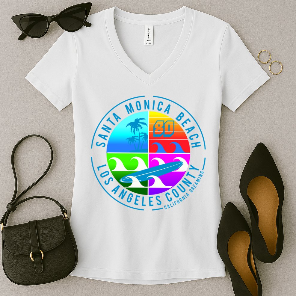 Retro Santa Monica Beach Women's V-Neck T-Shirt