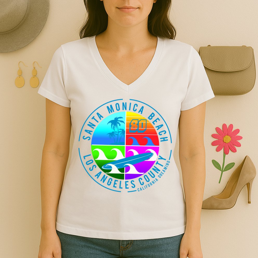 Retro Santa Monica Beach Women's V-Neck T-Shirt