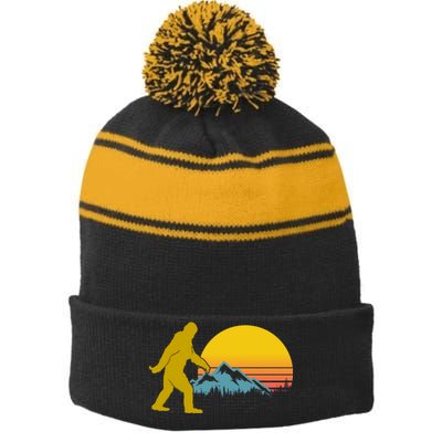 Retro Sasquatch Mountain Sunset Stripe Pom Pom Beanie