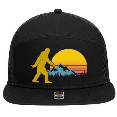 Retro Sasquatch Mountain Sunset 7 Panel Mesh Trucker Snapback Hat