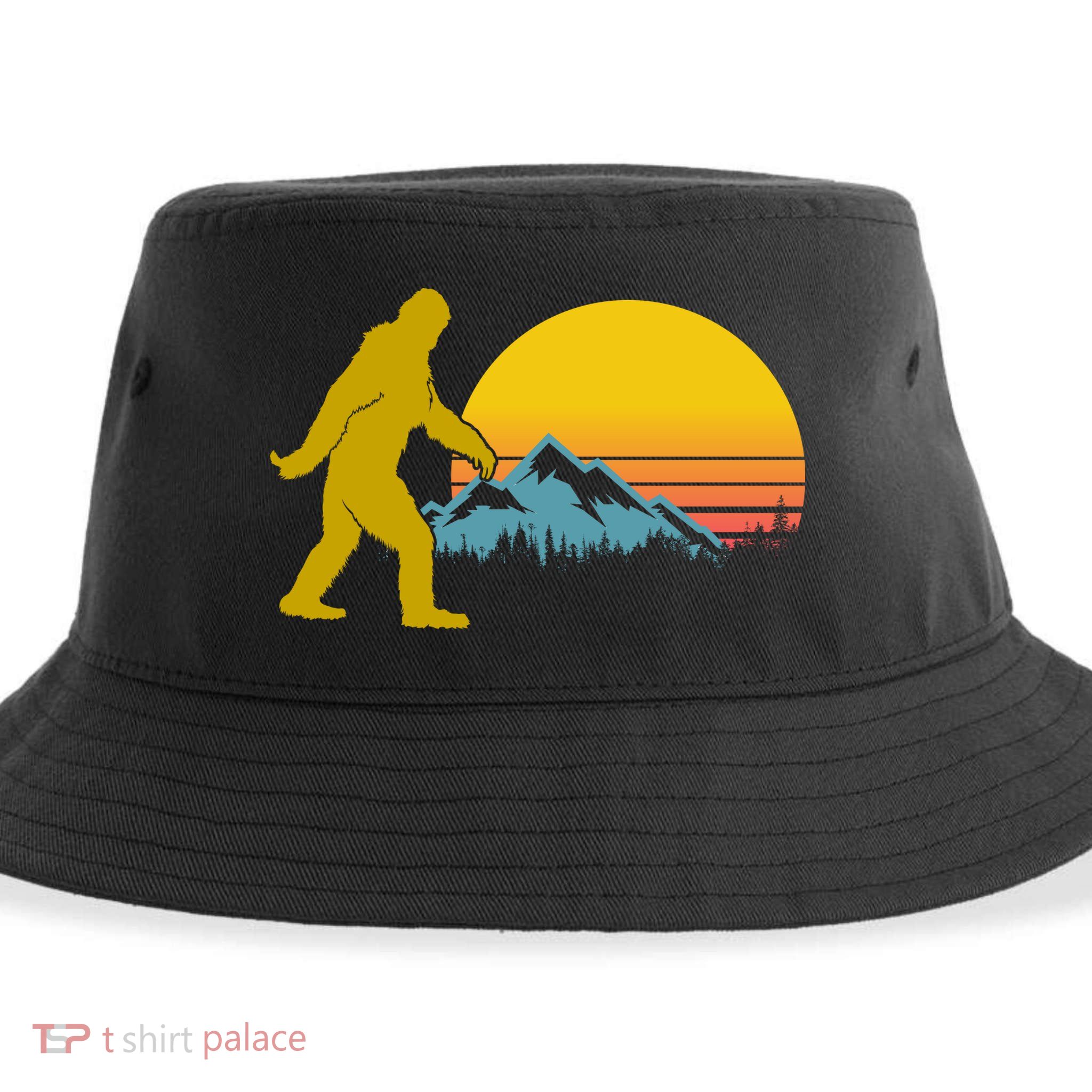 Retro Sasquatch Mountain Sunset Sustainable Bucket Hat