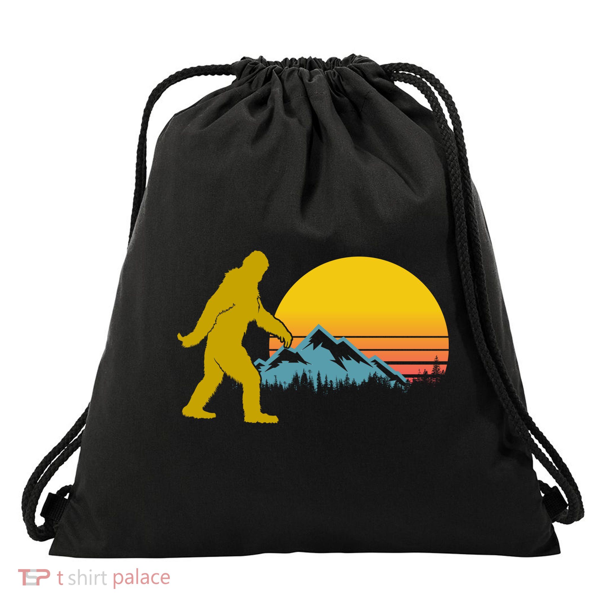 Retro Sasquatch Mountain Sunset Drawstring Bag