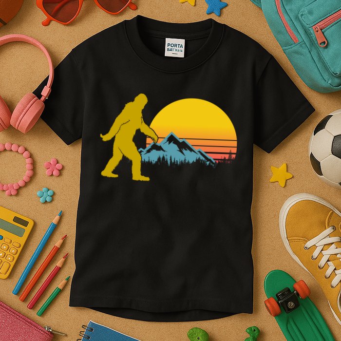 Retro Sasquatch Mountain Sunset Kids T-Shirt