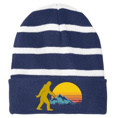 Retro Sasquatch Mountain Sunset Striped Beanie with Solid Band