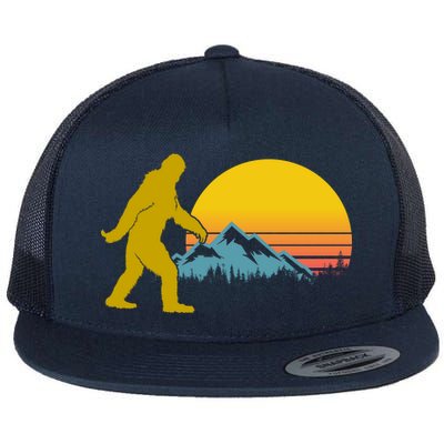 Retro Sasquatch Mountain Sunset Flat Bill Trucker Hat