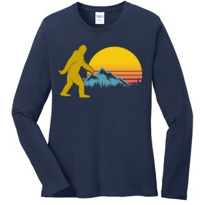 Retro Sasquatch Mountain Sunset Ladies Long Sleeve Shirt