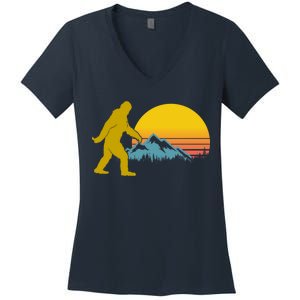 Retro Sasquatch Mountain Sunset Women's V-Neck T-Shirt