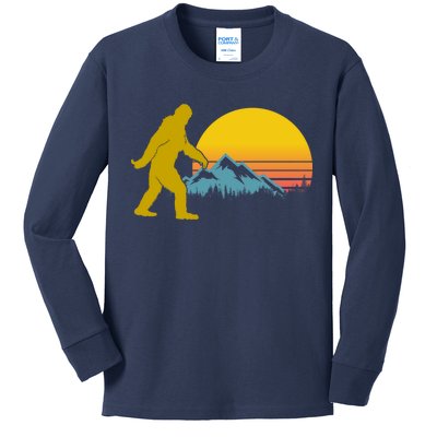 Retro Sasquatch Mountain Sunset Kids Long Sleeve Shirt