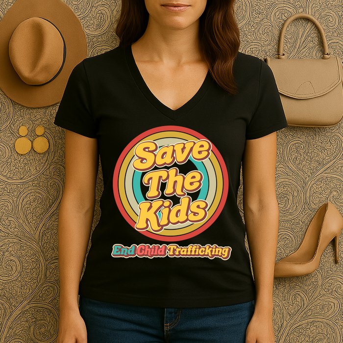 Retro Save The Kids End Child Trafficking Women's V-Neck T-Shirt