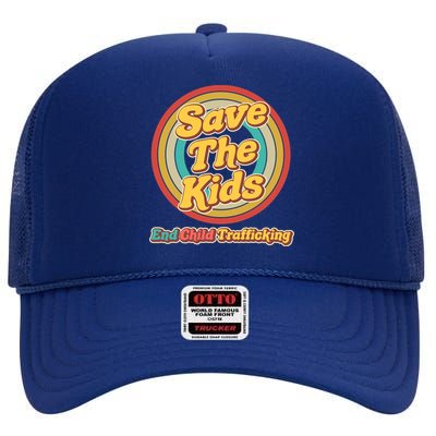 Retro Save The Kids End Child Trafficking High Crown Mesh Back Trucker Hat