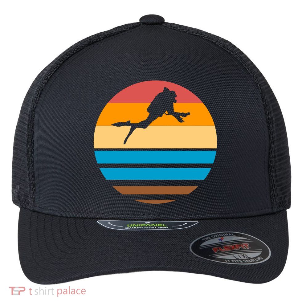Retro Scuba Diving Flexfit Unipanel Trucker Cap