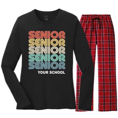 Retro Seniors Graduation Custom School Name Women's Long Sleeve Flannel Pajama Set 