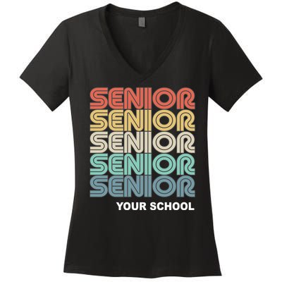 Retro Seniors Graduation Custom School Name Women's V-Neck T-Shirt