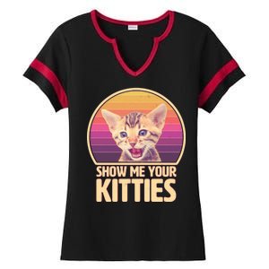 Retro Show Me Your Kitties Funny Meme Ladies Halftime Notch Neck Tee