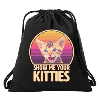 Retro Show Me Your Kitties Funny Meme Drawstring Bag