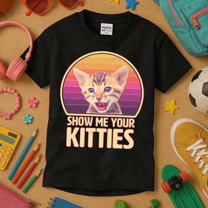 Retro Show Me Your Kitties Funny Meme Kids T-Shirt