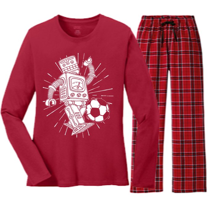 Retro Soccer Robot Women's Long Sleeve Flannel Pajama Set 