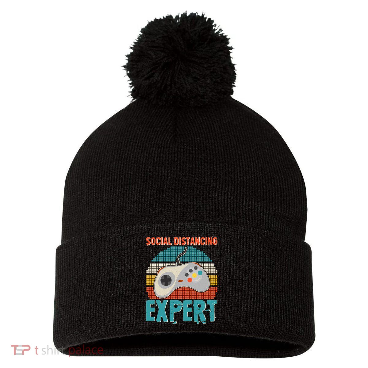 Retro Social Distancing Expert Video Gamer Pom Pom 12in Knit Beanie