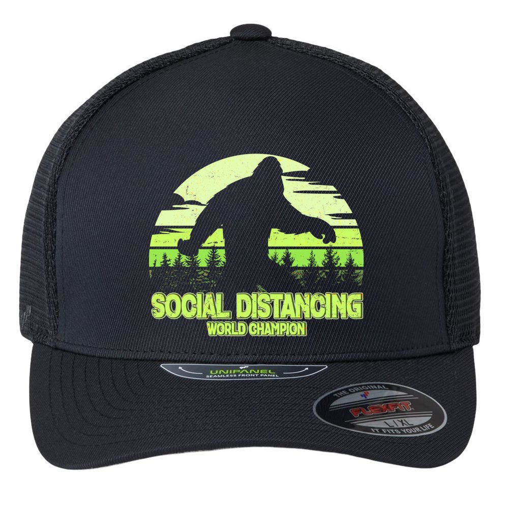 Retro Social Distancing World Champion Sasquatch Flexfit Unipanel Trucker Cap