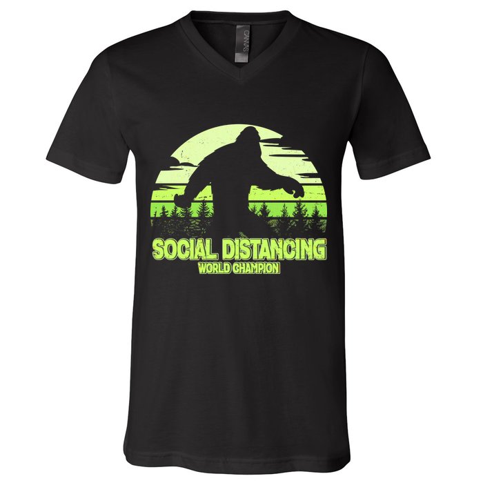 Retro Social Distancing World Champion Sasquatch V-Neck T-Shirt