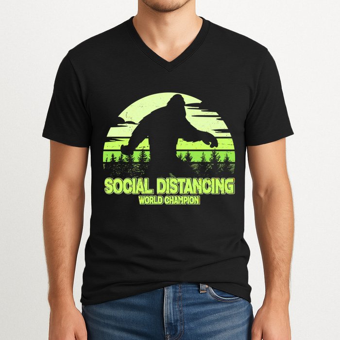 Retro Social Distancing World Champion Sasquatch V-Neck T-Shirt