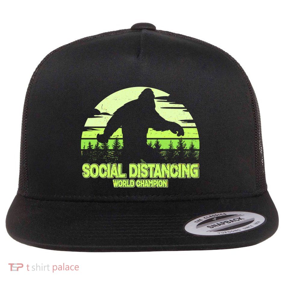 Retro Social Distancing World Champion Sasquatch Flat Bill Trucker Hat
