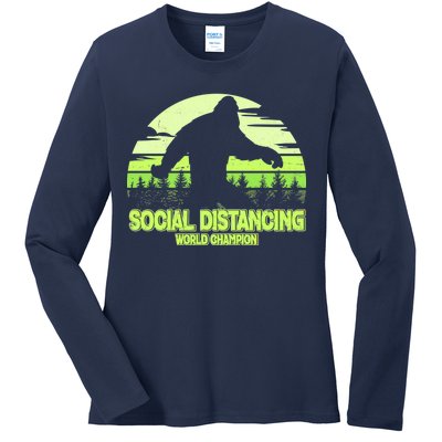 Retro Social Distancing World Champion Sasquatch Ladies Long Sleeve Shirt