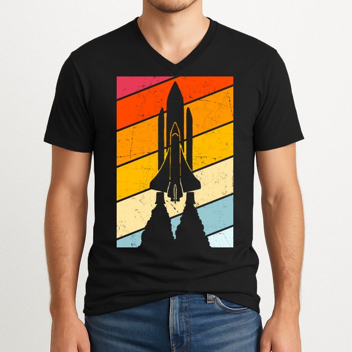 Retro Space Rocket Launch V-Neck T-Shirt