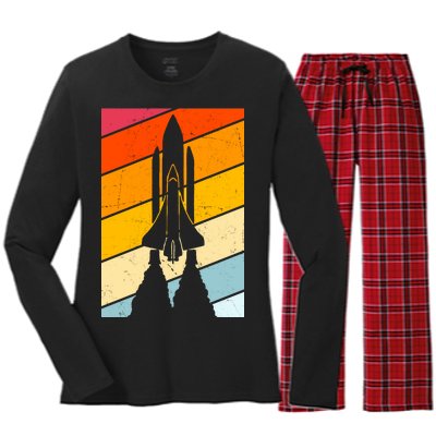 Retro Space Rocket Launch Women's Long Sleeve Flannel Pajama Set 