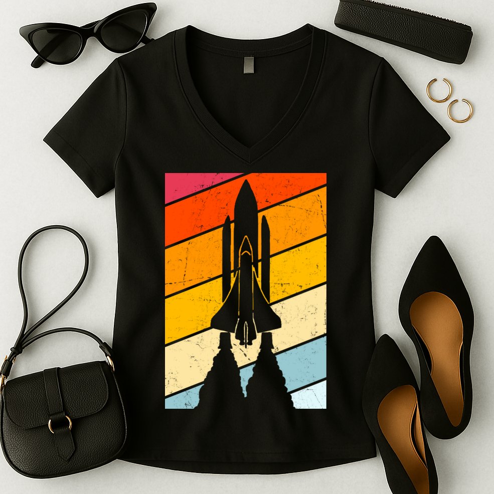 Retro Space Rocket Launch Women's V-Neck T-Shirt