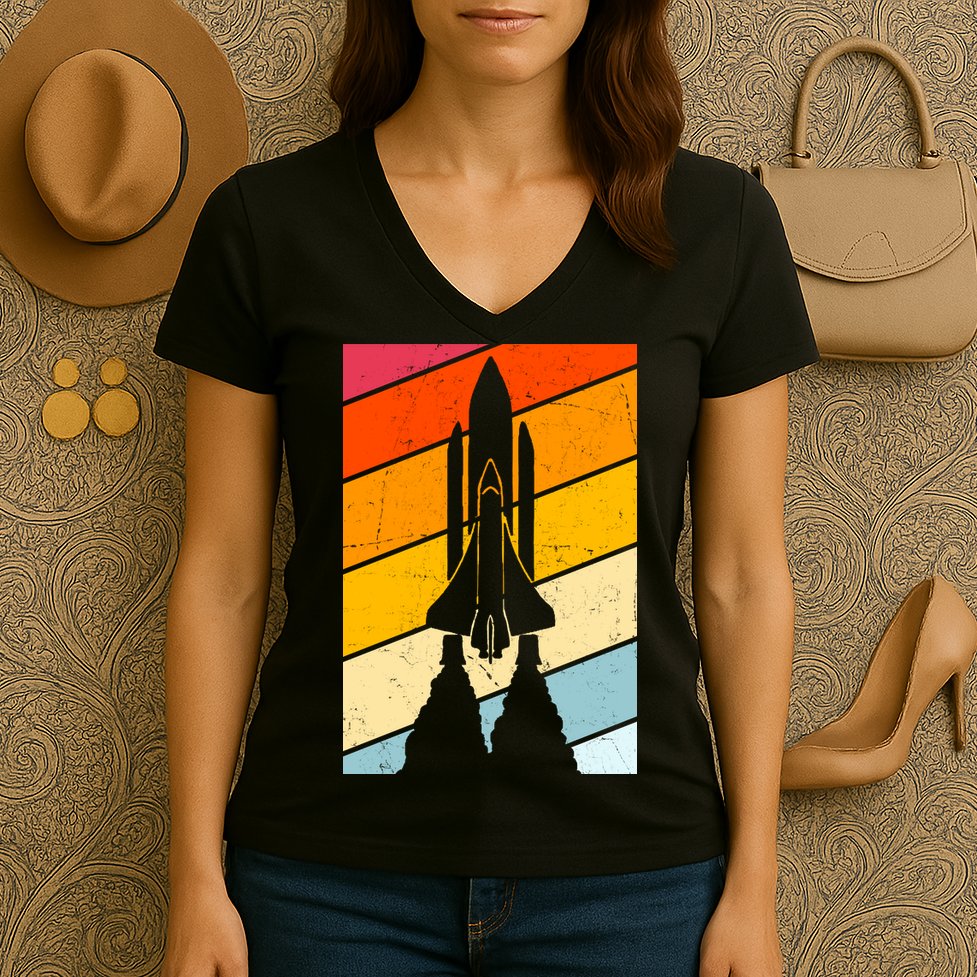 Retro Space Rocket Launch Women's V-Neck T-Shirt