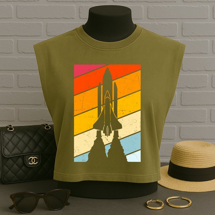 Retro Space Rocket Launch Garment-Dyed Women's Muscle Tee