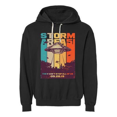 Retro Storm Area 51 UFO They Can't Stop Us All Garment-Dyed Fleece Hoodie