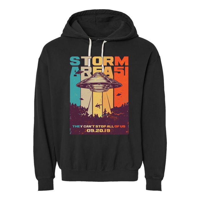 Retro Storm Area 51 UFO They Can't Stop Us All Garment-Dyed Fleece Hoodie