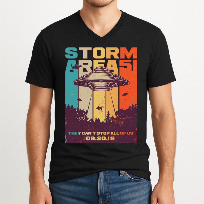 Retro Storm Area 51 UFO They Can't Stop Us All V-Neck T-Shirt