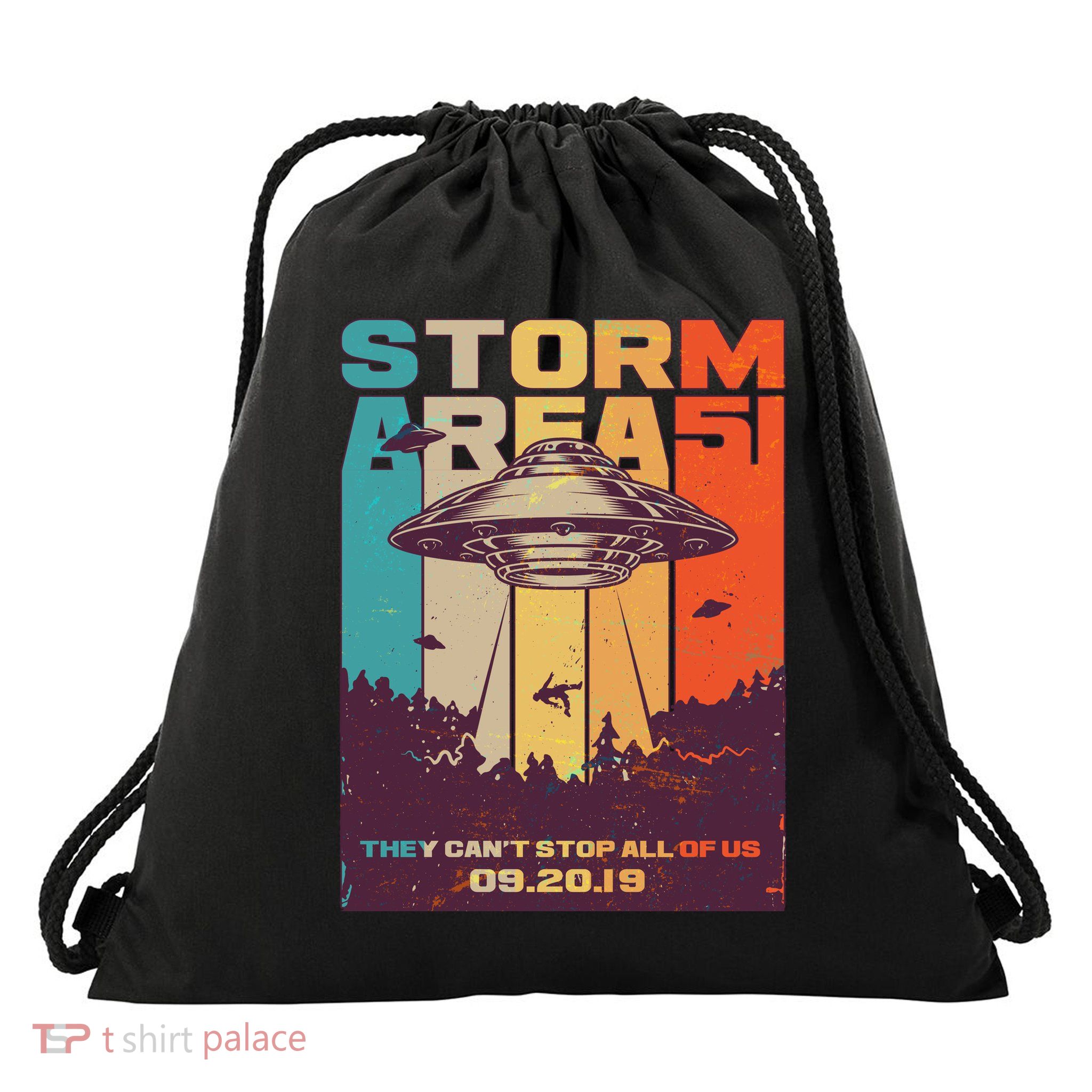 Retro Storm Area 51 UFO They Can't Stop Us All Drawstring Bag