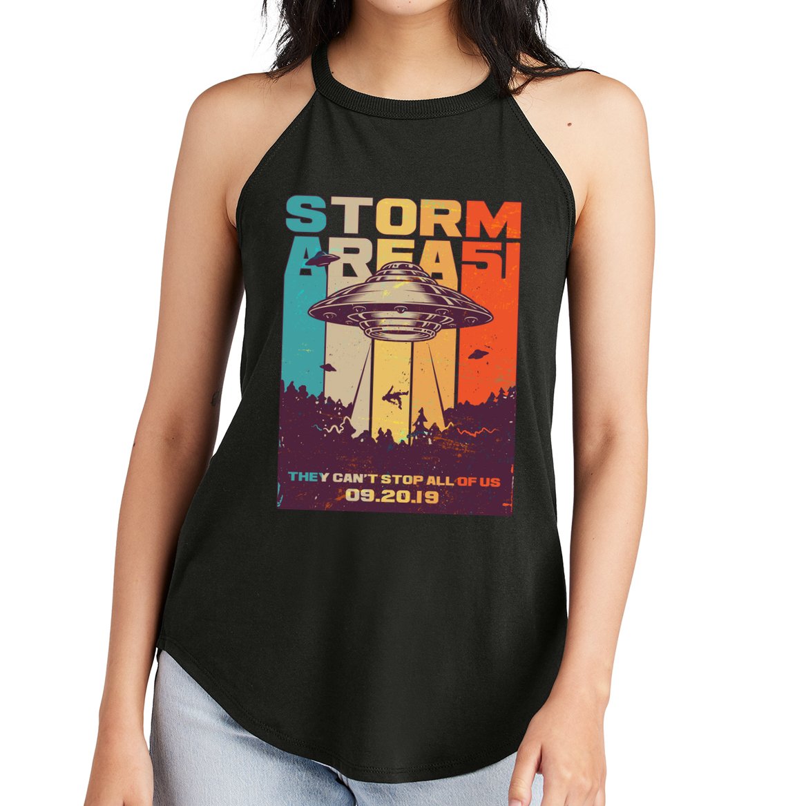 Retro Storm Area 51 UFO They Can't Stop Us All Women's Perfect Tri Rocker Tank
