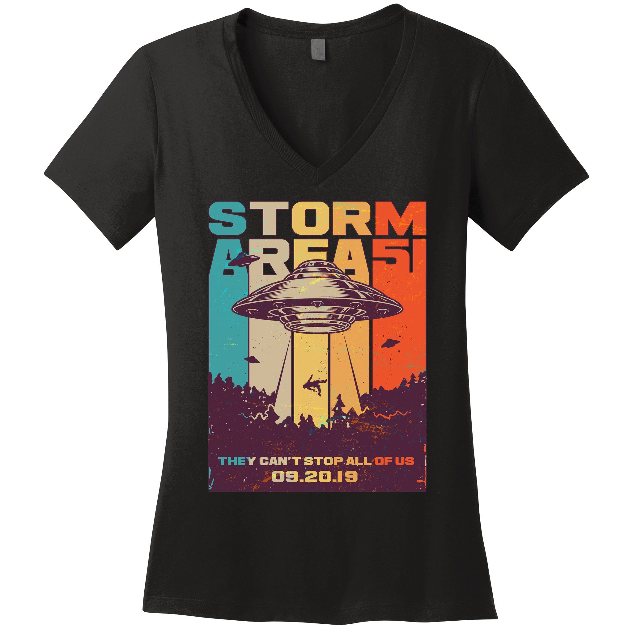 Retro Storm Area 51 UFO They Can't Stop Us All Women's V-Neck T-Shirt