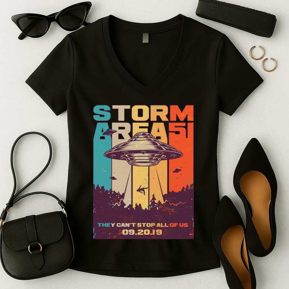 Retro Storm Area 51 UFO They Can't Stop Us All Women's V-Neck T-Shirt