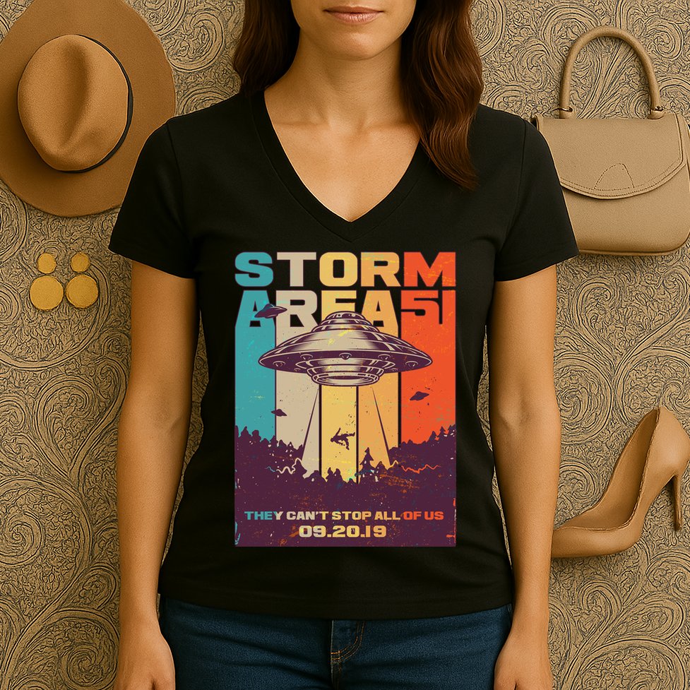 Retro Storm Area 51 UFO They Can't Stop Us All Women's V-Neck T-Shirt