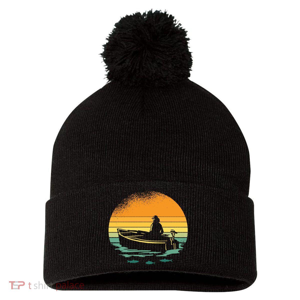 Retro Sunset Boat Pom Pom 12in Knit Beanie