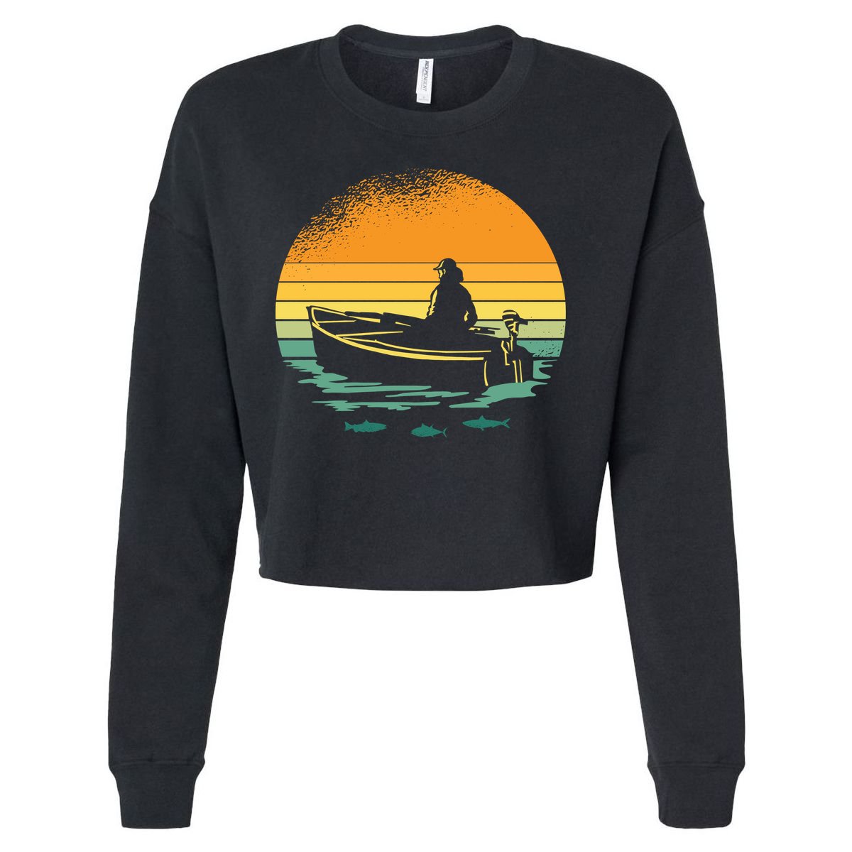 Retro Sunset Boat Cropped Pullover Crew