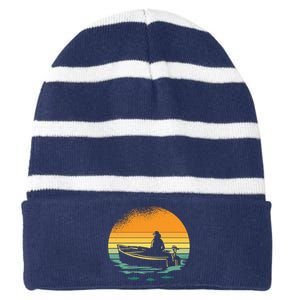 Retro Sunset Boat Striped Beanie with Solid Band