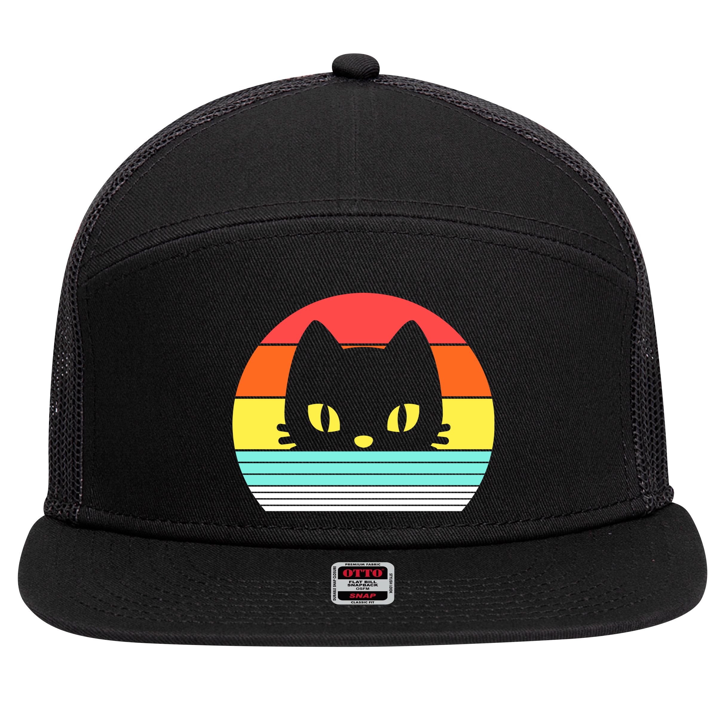Retro Sunset Cat 7 Panel Mesh Trucker Snapback Hat