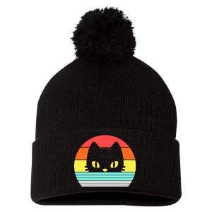 Retro Sunset Cat Pom Pom 12in Knit Beanie