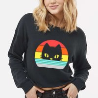 Retro Sunset Cat Cropped Pullover Crew