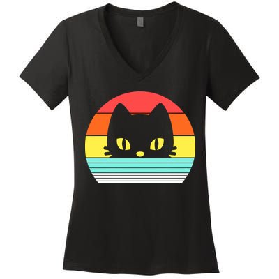 Retro Sunset Cat Women's V-Neck T-Shirt