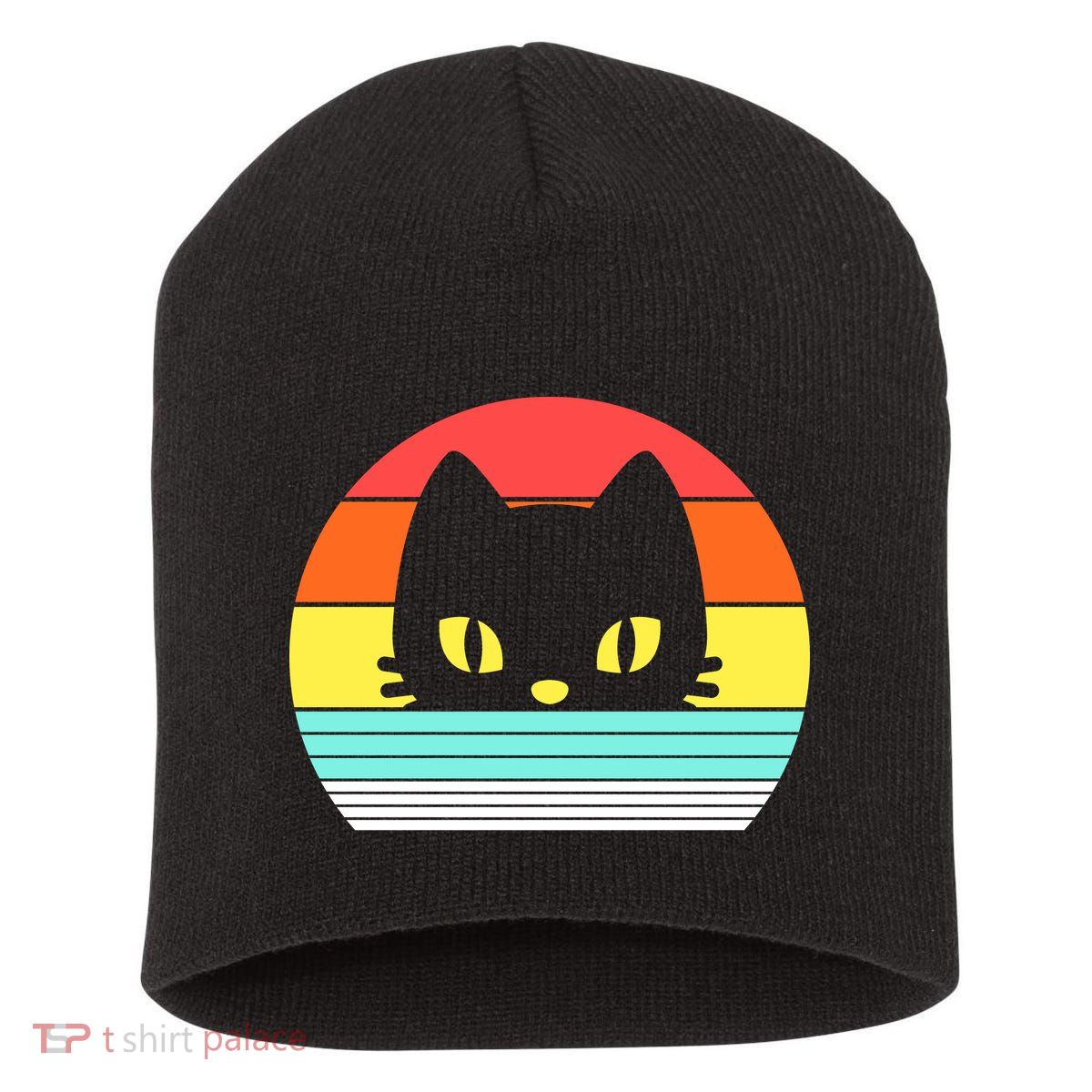 Retro Sunset Cat Short Acrylic Beanie